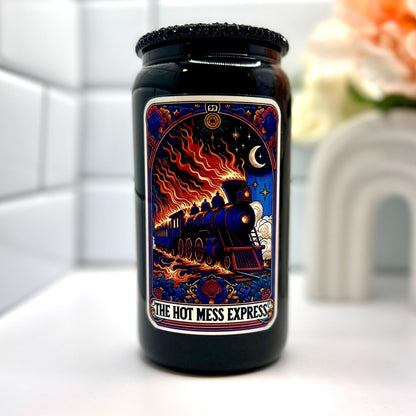 The Hot Mess Express 16 oz Glass Cup-With Straw and Lid-Available in Multiple Colors-Tarot Card Themed-Mental Health-Handwash-Drinkware libby