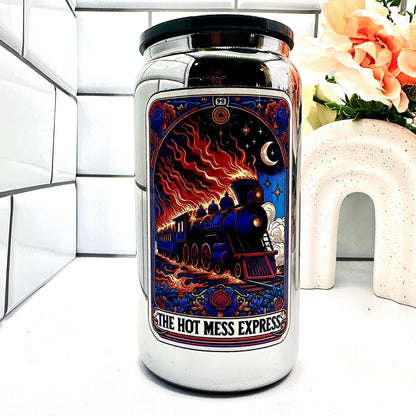 The Hot Mess Express 16 oz Glass Cup-With Straw and Lid-Available in Multiple Colors-Tarot Card Themed-Mental Health-Handwash-Drinkware libby