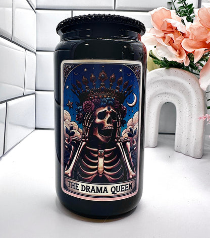 The Drama Queen 16 OZ Glass Cup-Available in Multiple Colors-With Straw and Lid-Tarot Card Themed-Mental Health-Drinkware-Handwash