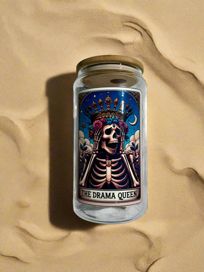 The Drama Queen 16 OZ Glass Cup-Available in Multiple Colors-With Straw and Lid-Tarot Card Themed-Mental Health-Drinkware