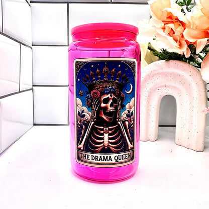 The Drama Queen 16 OZ Glass Cup-Available in Multiple Colors-With Straw and Lid-Tarot Card Themed-Mental Health-Drinkware-Handwash