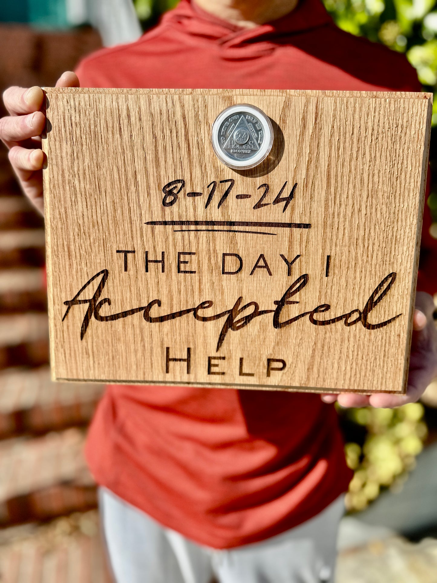 Custom Engraved Redwood Sobriety Chip Holder – ‘The Day I Accepted Help’ with Personalized Date