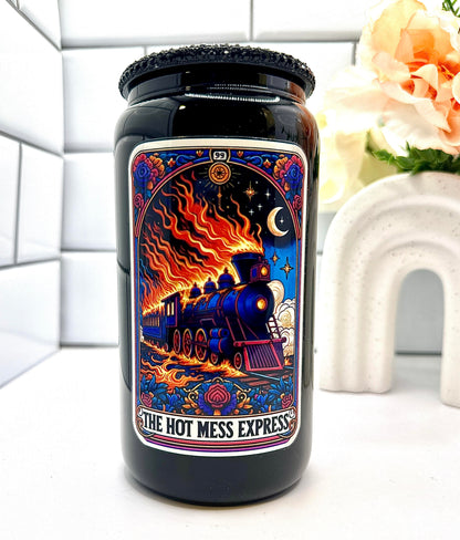 The Hot Mess Express 16 oz Glass Cup-With Straw and Lid-Available in Multiple Colors-Tarot Card Themed-Mental Health-Handwash-Drinkware libby