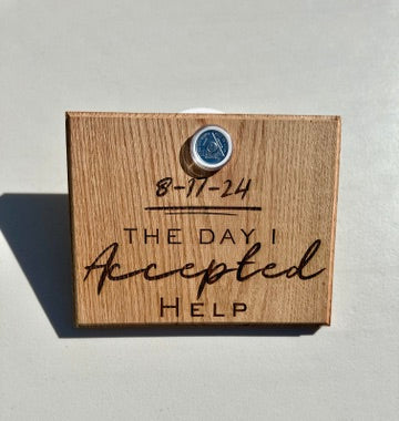 Custom Engraved Redwood Sobriety Chip Holder – ‘The Day I Accepted Help’ with Personalized Date