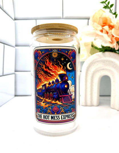 The Hot Mess Express 16 oz Glass Cup-With Straw and Lid-Available in Multiple Colors-Tarot Card Themed-Mental Health-Handwash-Drinkware libby