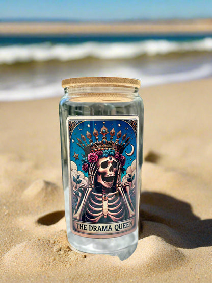The Drama Queen 16 OZ Glass Cup-Available in Multiple Colors-With Straw and Lid-Tarot Card Themed-Mental Health-Drinkware