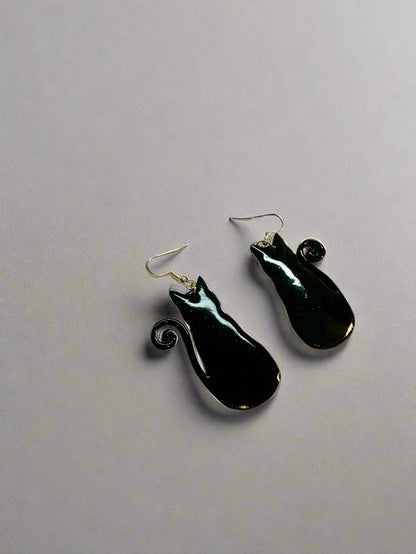 Black Cat Wood Hanging Earrings with Resin – Stylish & Unique Statement Jewelry