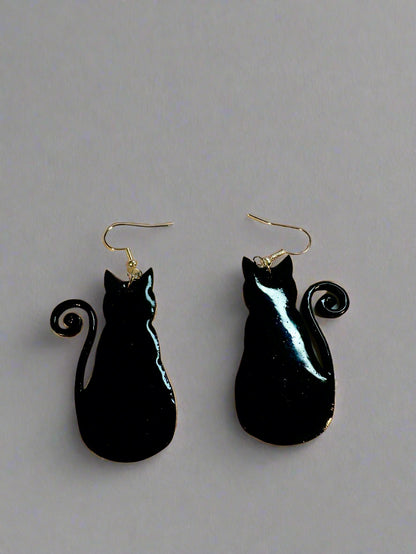 Black Cat Wood Hanging Earrings with Resin – Stylish & Unique Statement Jewelry