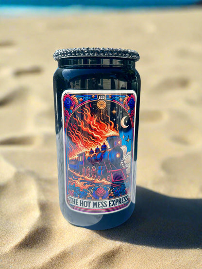 The Hot Mess Express 16 oz Glass Cup-With Straw and Lid-Available in Multiple Colors-Tarot Card Themed-Mental Health-Handwash-Drinkware libby