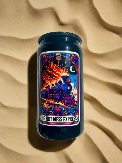 The Hot Mess Express 16 oz Glass Cup-With Straw and Lid-Available in Multiple Colors-Tarot Card Themed-Mental Health-Handwash-Drinkware libby