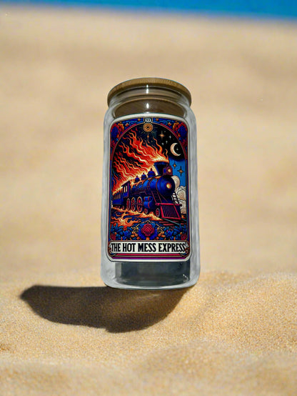 The Hot Mess Express 16 oz Glass Cup-With Straw and Lid-Available in Multiple Colors-Tarot Card Themed-Mental Health-Handwash-Drinkware libby