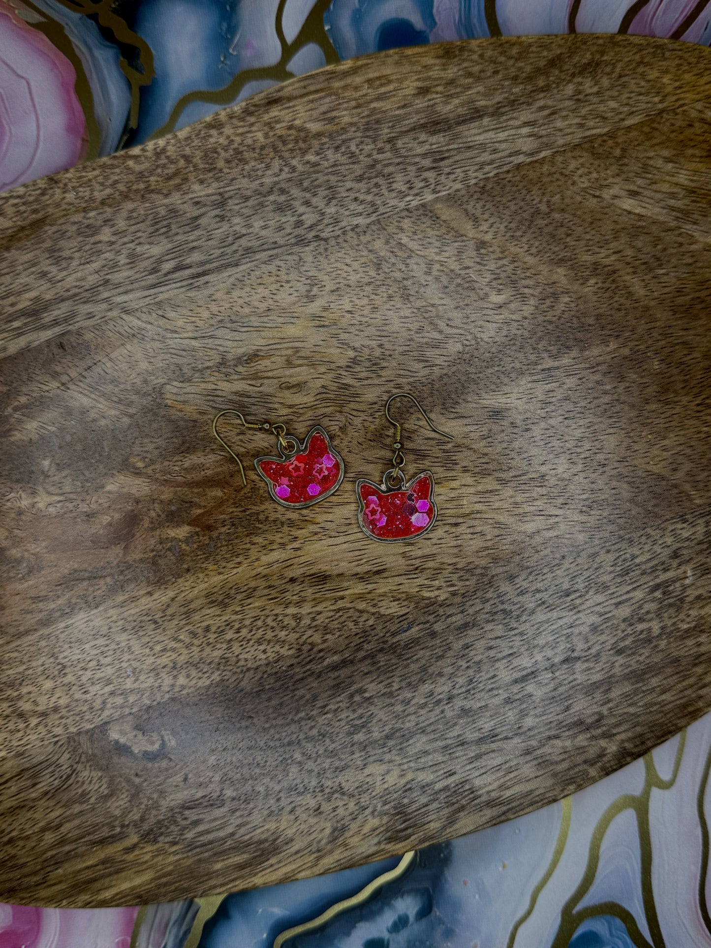 Pink Sparkle Cat Face Earrings | Resin & Gold-Tone Dangles | Cute Feline Jewelry