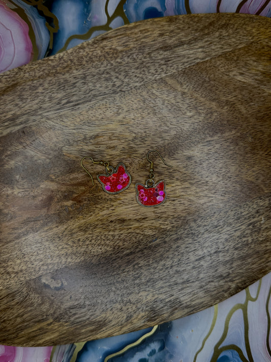 Pink Sparkle Cat Face Earrings | Resin & Gold-Tone Dangles | Cute Feline Jewelry