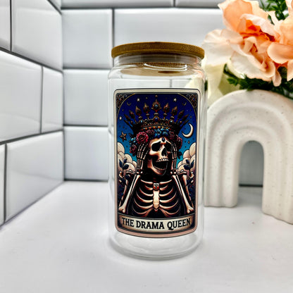 The Drama Queen 16 OZ Glass Cup-Available in Multiple Colors-With Straw and Lid-Tarot Card Themed-Mental Health-Drinkware-Handwash