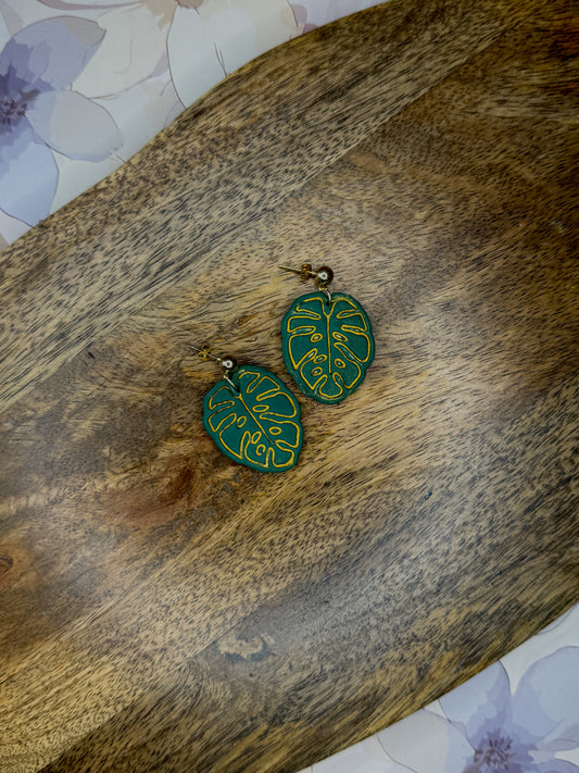 Monstera Leaf Earrings | Polymer Clay Dangle Studs | Tropical Summer Jewelry