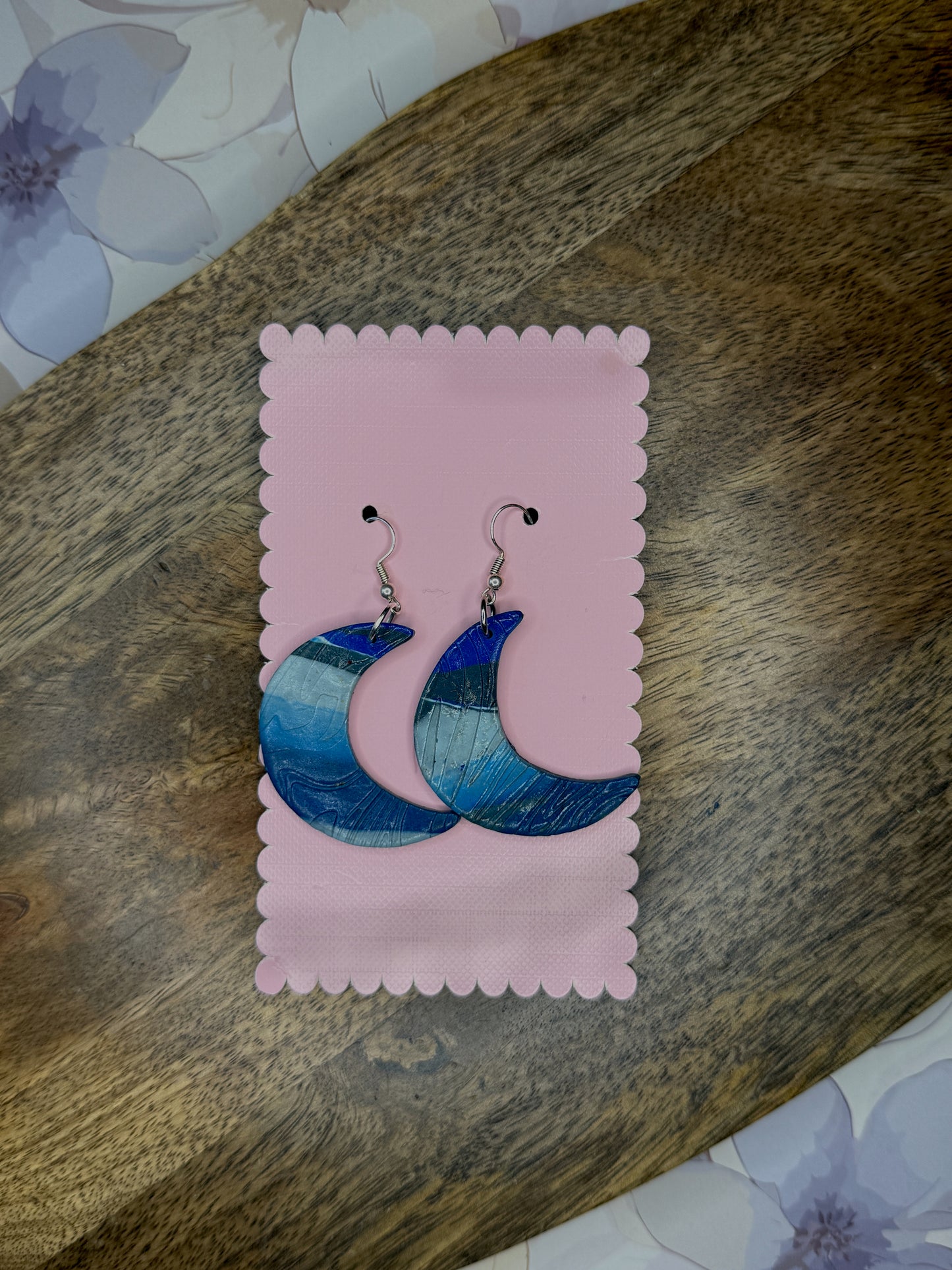 Blue Marbled Crescent Moon Earrings | Polymer Clay Dangles | Handmade Celestial Jewelry