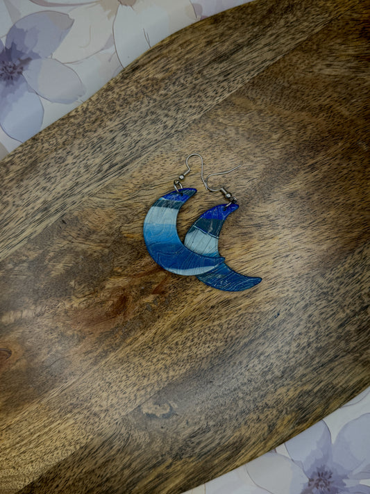 Blue Marbled Crescent Moon Earrings | Polymer Clay Dangles | Handmade Celestial Jewelry