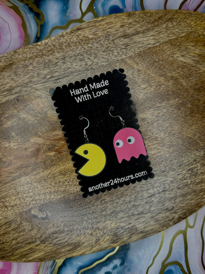 Pac-Man & Pink Ghost Earrings | 3D Printed Retro Gaming Dangles | Playful Nostalgia Jewelry