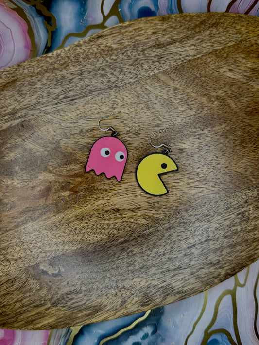 Pac-Man & Pink Ghost Earrings | 3D Printed Retro Gaming Dangles | Playful Nostalgia Jewelry