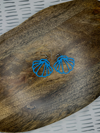 Scallop Shell Earrings | Blue 3D Printed Ocean Jewelry | Lightweight Coastal Dangles