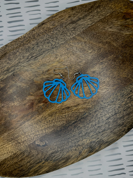 Scallop Shell Earrings | Blue 3D Printed Ocean Jewelry | Lightweight Coastal Dangles