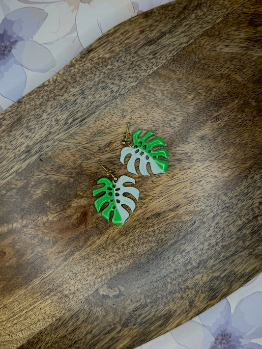 Monstera Split Leaf Earrings | 3D Printed Stud Dangles with Glossy Resin | Two-Tone Plant Jewelry